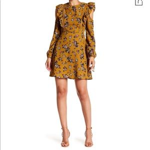 Moon River, Floral Ruffle Trim Cold Shoulder Long Sleeve Dress In Goldenrod